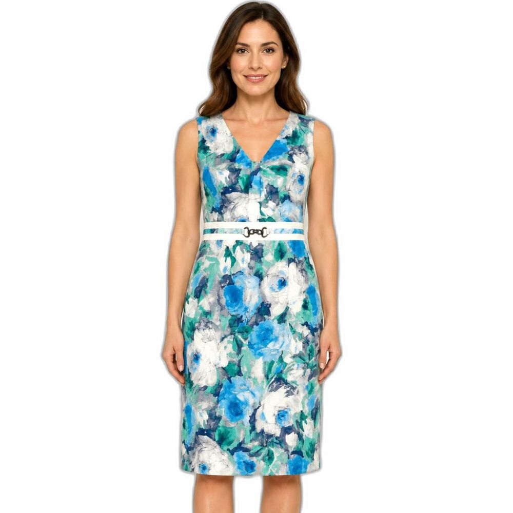 Alex Marie Floral Sheath Dress Size 6 Blue White Cotton V Neck Career Lined 40"